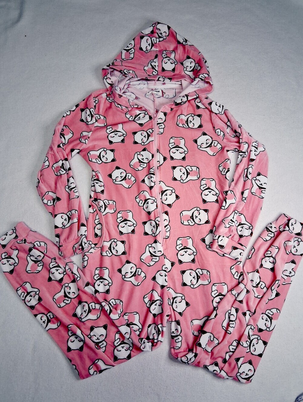 Girls' Pink Hooded Onesie Pajamas with Cat Print